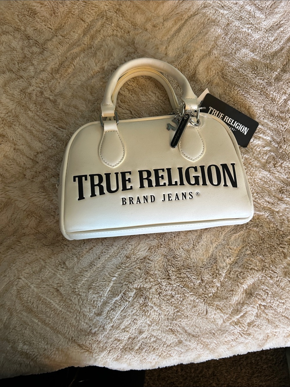 True Religion Cream Satchel with Black Logo